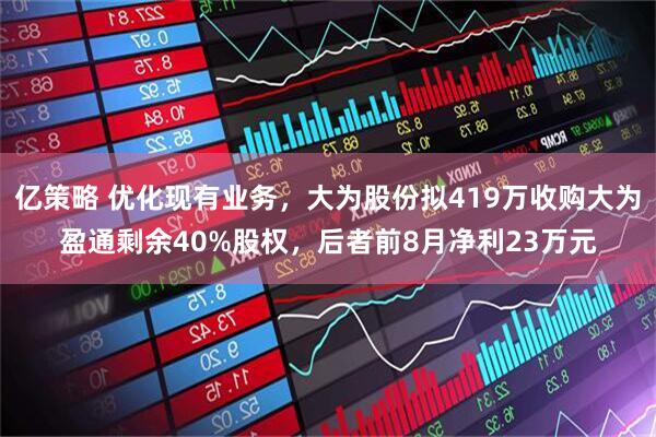 亿策略 优化现有业务，大为股份拟419万收购大为盈通剩余40%股权，后者前8月净利23万元